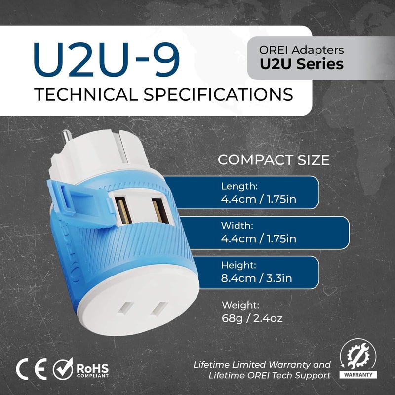 OREI Germany, France, Schuko Travel Plug Adapter with Dual USB - USA Input - Type E/F (U2U-9), Will Work with Cell Phones, Camera, Laptop, Tablets, iPad, iPhone and More - Image 5